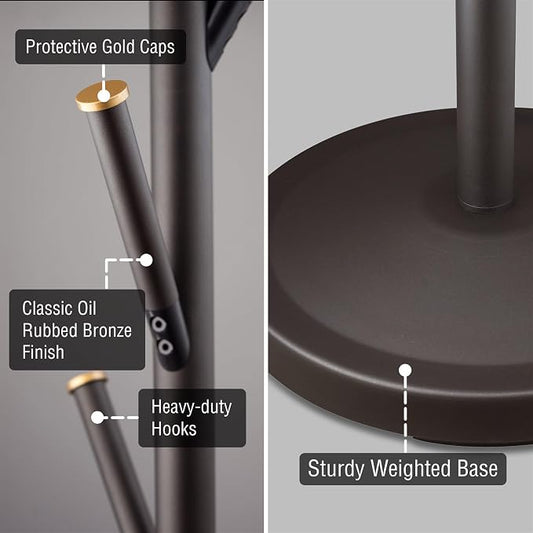 Kira Home Addison 68" Modern Standing Coat Rack with 6 Hanging Hooks, Sleek Metal Coat Stand with Weighted Base and Gold Accents, Oil Rubbed Bronze Finish