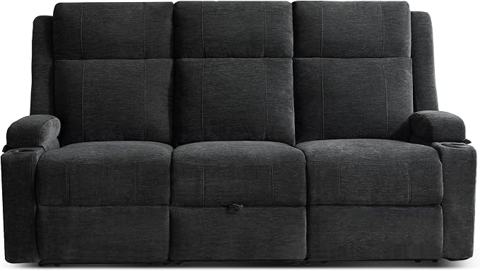 GUEAPY Large Manual Reclining Sofa – 3-Seater Chenille Reclining Couch with Cup Holders, Wide Seat, Easy Assembly & Spill-Resistant Fabric – Cozy Reclining Sofa for Living Room, Apartment, RV(Black)