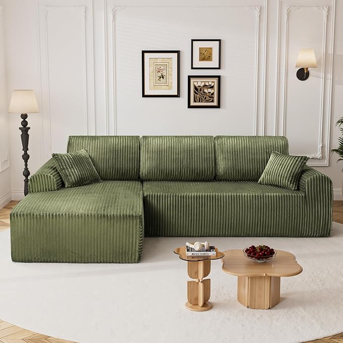 110" L Shaped Boneless Sectional Couches for Living Room, Comfy Corduroy Floor Cloud Sofa with Chaise, Wide Armrest, Deep Seat, Memory Foam, Assembly Free, Ideal for Small Spaces, Green