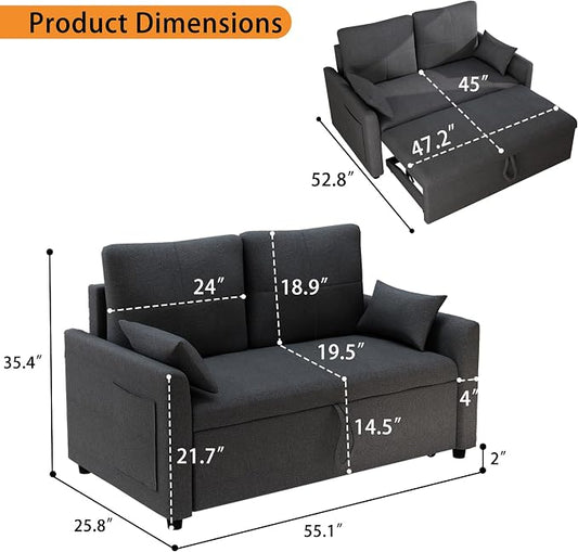 Sleeper Sofa Bed Couch: 55" Grey Couch with Pull Out Bed, Queen Size Convertible Loveseat Sleeper Sofa, Comfortable Sectional Pullout Beds for Living Room | Linen