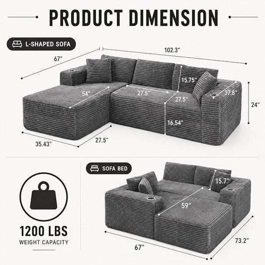 103” Cloud Sectional Couch, Convertible Boneless Couch, Modular L-Shaped Couch, Soft Friendly Fluffy Couch, No Assembly Required(Left-Facing, Grey)