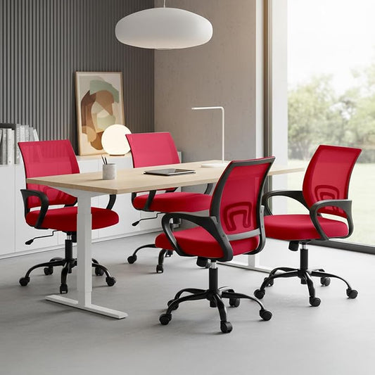 OLIXIS Office Desk Chair - Ergonomic Mid Back with Lumbar Support & Rocking Mode, Height Adjustable with Fixed Armrest, for Home, Computer, Gaming, Conference, Meeting Room, 360° Swivel, Red, 2 Pack