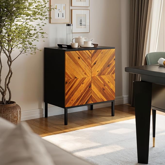 Bme Vivian Sideboard Buffet Cabinet, Solid Acacia Wood Storage Cabinet with 3 Doors, Rustic Golden Brown Mid Century Modern Sideboard for Dining Room, Kitchen, or Living Room