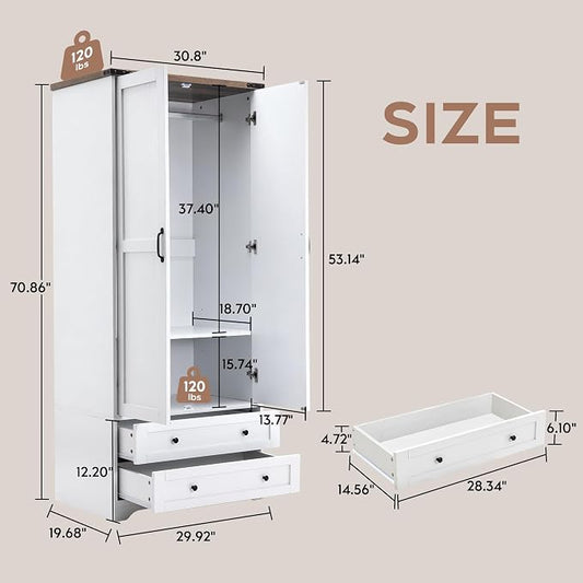 Brafab Armoire Wardrobe Closet with 2 Modern Doors Set of 2, 71" Tall Freestanding Closet Wardrobe Cabinet with Drawers and Hanging Rail, Light Wooden Storage Cabinet with Shelve for Bedroom, White