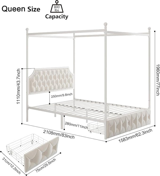 Keyluv Queen Upholstered Canopy Bed Frame with 2 Storage Drawers & Button Tufted Headboard, Metal Platform Bed with 4 Removable Posts, Two-Purpose Velvet Bed, Beige/Curtain Not Included