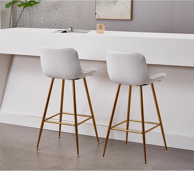 Sidanli Velvet Bar Stools with Gold Legs, Set of 2 Counter Height Stools for Kitchen Island, 29 Inch Modern Barstools with Swivel Leveling Feet, White