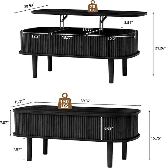 Fully Assembled Fluted Lift Top Coffee Table with Hidden Compartment, Wooden Center Table, Modern Oval Lift Tabletop for Home Living Room Office, Black