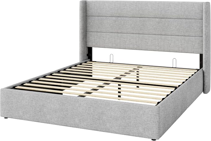 SHA CERLIN Queen Size Lift Up Storage Bed/Modern Wingback Headboard/Upholstered Platform Bed Frame/Hydraulic Storage/No Box Spring Needed/Wood Slats Support/Light Grey