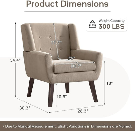 HUIMO Accent Chair, Upholstered Button Tufted Armchair, Linen Fabric Sofa Chairs for Bedroom, Living Room, Mid-Century Modern Comfy Reading Chair (1, Khaki)