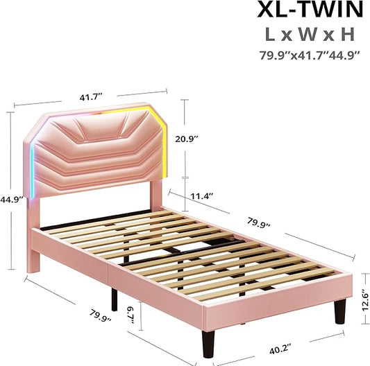 LIKIMIO Twin XL Bed Frames with LED Light Headboard, Upholstered Modern Cama Twin XL Platform Bed Frame with Heavy Duty Supports, No Box Spring Need, Noise Free, Easy Assembly, Pink