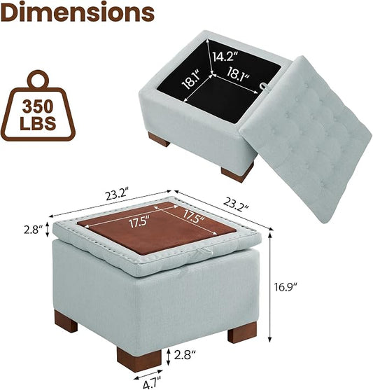 24 Inch Square Storage Ottoman Coffee Table, Modern Tufted Upholstered Ottoman with Flip Tray and Solid Wood Legs, Suitable for Living Rooms, Linen Blue