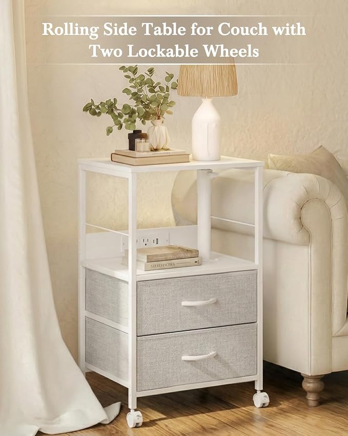 Faesun Swivel Lift Top Nightstand with Charging Station, Rolling Side Table for Recliner, Bedside Table with Wheels & 2 Fabric Drawers, for Small Spaces, for Bedroom, Living Room, White Gray