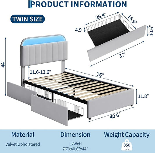 Garvee Twin Size Bed Frame with 2 Flexible Drawers, Velvet Upholstered Platform Bed Frame with Bookcase Headboard and LED Lights, Kids Bed for Girls, Easy Assembly, Noise Free, Grey