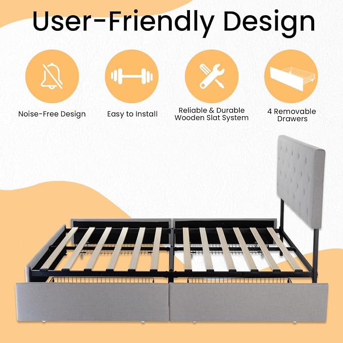 SHA CERLIN Upholstered Full Size Platform Bed Frame with 4 Storage Drawers, Adjustable Headboard with Diamond Stitched Button Tufted Design, Wooden Slat Support, No Box Spring Needed, Light Grey