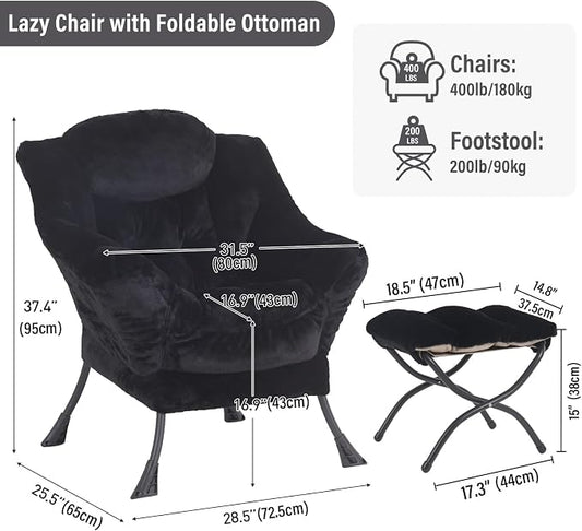 Furlide Lazy Chair with Ottoman, Modern Accent Chair with Armrests and a Side Pocket, Plush Black Accent Chairs, Reading Chairs, Oversized Armchairs for Bedroom, Study, Living Room, Courtyard