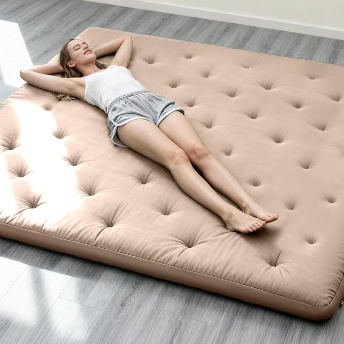 ZonLi Japanese Floor Futon Mattress Full Size 75"x 54", 100% Cotton Cover 2.5'' Thicken Tatami Mattress, Foldable Sleeping Pad, Portable Dormitory Tatami Mat(Khaki)