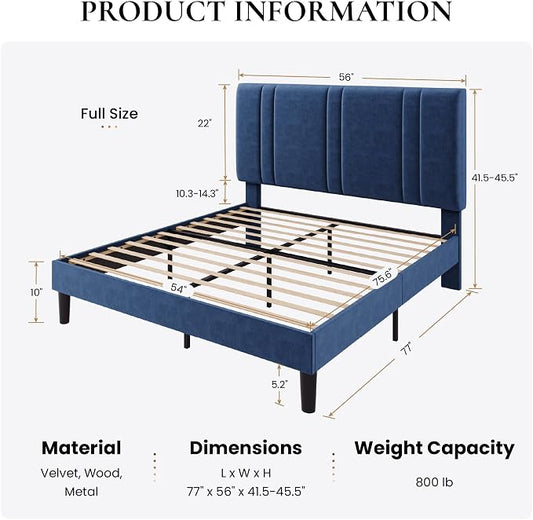 SHA CERLIN Full Size Platform Bed Frame, Velvet Upholstered Bed with Adjustable Headboard, Vertical Channel Tufted Design, Sturdy Wood Slat Support, No Box Spring Needed, Easy Assembly, Dark Blue