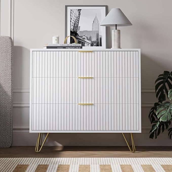 MAISONARIA 3-Piece Dresser Bedroom Set, 8 Drawer Dresser & 3 Drawer Nightstands with Gold Handles, Fluted Wood Chest of Drawers for Bedroom, Living Room, Entryway, White