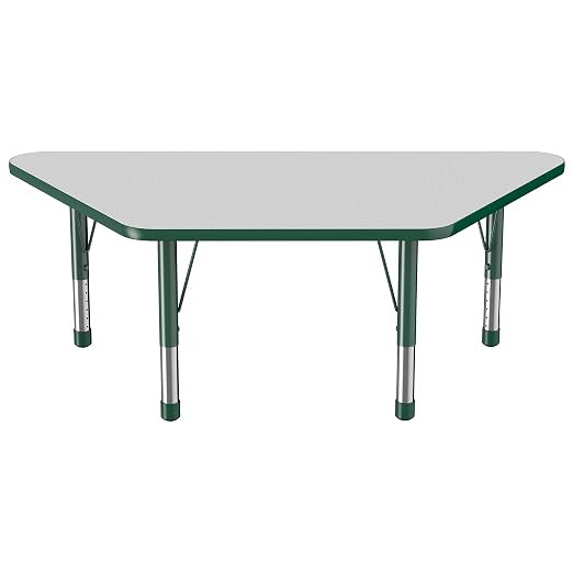 FDP Trapezoid Activity School and Classroom Kids Table (30 x 60 inch), Chunky Toddler Legs for Collaborative Seating Environments, Adjustable Height 15-24 inches - Gray Top and Green Edge