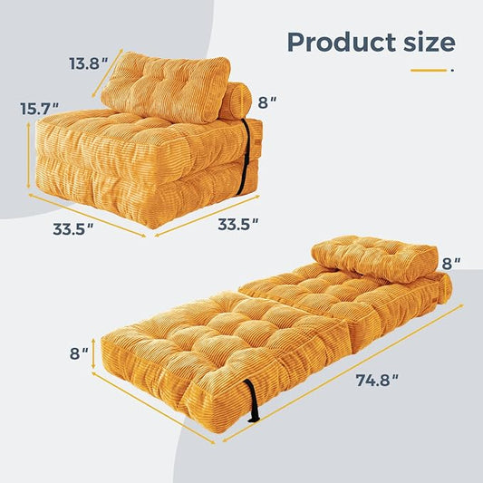 MAXYOYO Folding Sofa Bed, Convertible Chair with Pillow Foldable Couch with Back Support, Portable Fold Out Chair Bed Comfy Floor Sofa Lounge for Living Room Bedroom, Orange, Single