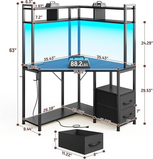 DurayLoly 63" Triangular Corner Desk with Hutch,Ample Storage for Small Room,Spacious 36" W Desktop,2 Fabric Drawers and Bottom Wooden Shelves,Versatile Computer Desk that Meets All Your Needs,Black