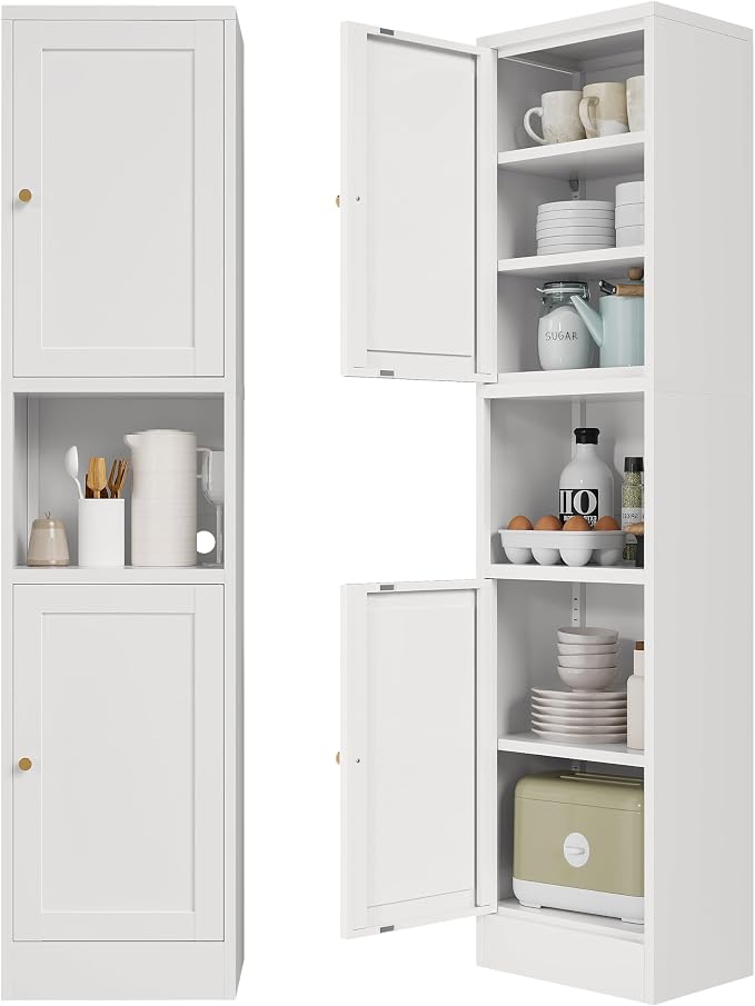 Tall Narrow Storage Cabinet,Metal Pantry Cabinet with Ajustable Shelves Open Countertop, Slim Sideboard for Small Spaces, Living Room, Kicthen, Dining Room, White