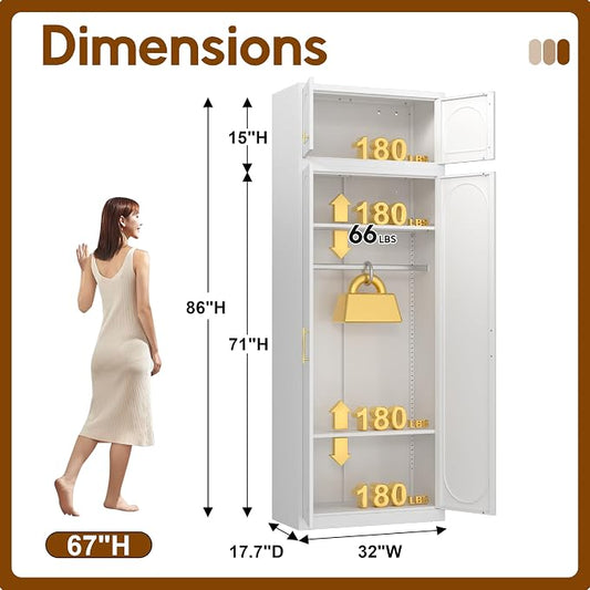 UNICOLY 86" Armoire Wardrobe Closet, 71'' Metal Closet with 15" Cabinets, Wardrobe Cabinet with Hanging Rod, for Bedroom School, Employee, Gym, Armarios De Ropa para DormitorioAssembly Required, White