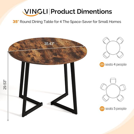 VINGLI Round Dining Table for 2-4, 35in Modern Dining Room Table with Cross Leg, Rustic Brown Wooden Kitchen Table, Space-Saving, Small Space Circle Dinette for Home, Kitchen, Apartment
