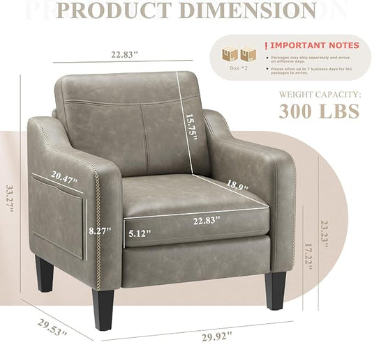 MALOL PU Leather Accent Chair Set of 2, Mid-Century Modern Living Room Armchair Sofa with Removable Cushions, Solid Wood Frame & Stitched Armrest Design, Bedroom Chair with Plastic Legs, Grey