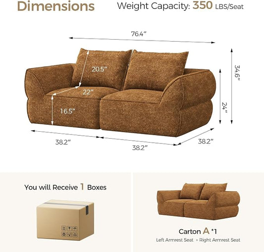 76.4" Cloud Loveseat Sofa, Deep Seat Couch with Pillows, Modern Comfortable Upholstery Boneless Sofa, 1 piece for Living Room, Bedroom, Apartment, Removable Cover,No Assembly Required, Orange