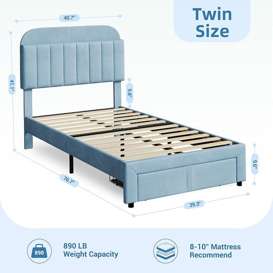 IDEALHOUSE Twin Bed Frame for Kids, Upholstered Platform Bed with Large Storage Drawer and Bookcase Headboard, Boys Bed, Noise-Free, Easy Assembly, No Box Spring Needed, Blue