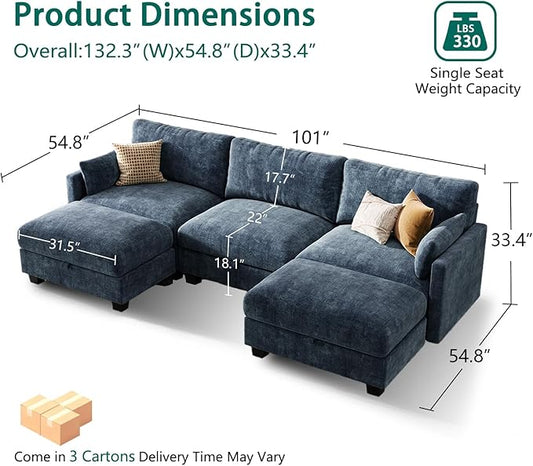 Modular Sectional U Shaped Sofa Couches for Living Room, Cloud Couch with Storage Ottoman, Comfy Chenille Sofa with Pillow, Blue