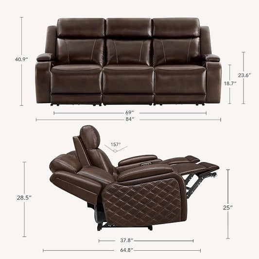 Watson & Whitely Genuine Leather Power Recliner Sofa, 3 Seater Zero Gravity Reclining Couch with Power Headrest & Flip Middle Backrest Table, Hidden Storage, Cup Holders for Living Room, Dark Brown