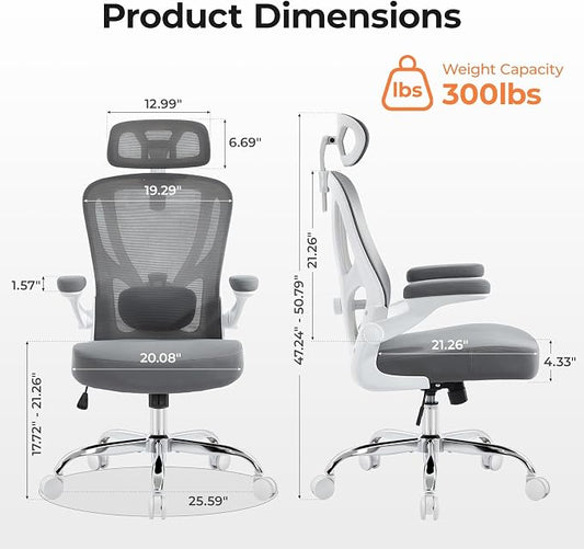 Office Chair Ergonomic Office Chair with Lumbar Support, Head Support, Rocking Function, Flip-up Armrests, Mesh High Back Chair Home Office Desk Chair, Suitable for Home Office, Grey, 1 Pk