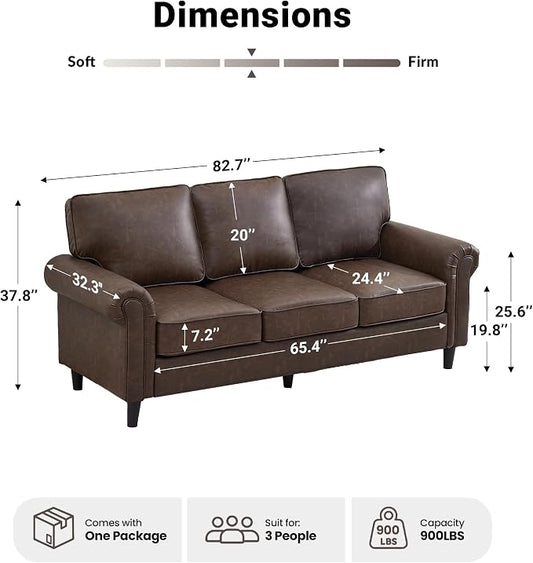 Kingfun Faux Leather 3 Seater Couch, Mid Century Modern Sofa with Rolled Arms and Deep Seats, Fluffy Comfort for Living Room, Apartment, Easy Assembly, Cocoa