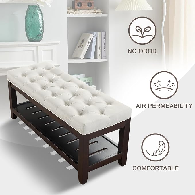 adochr Linen Large Rectangular Ottoman with Storage, Upholstered Entryway Bench for Living Room, Oversized Button Tufted Ottoman with Wood Shelf Storage, Beige