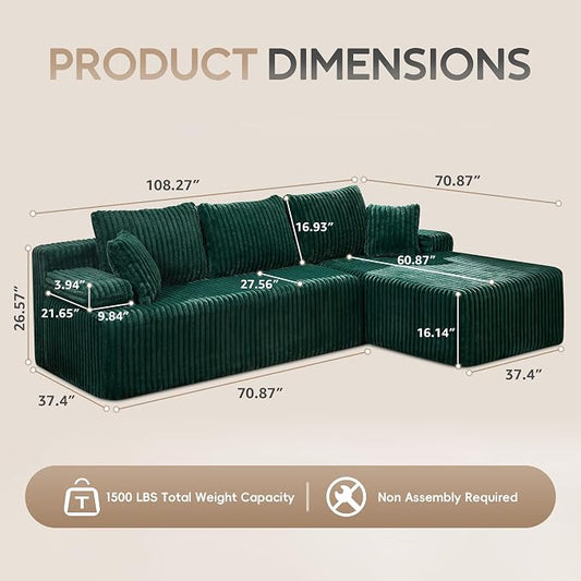 Hobestluk Boneless Couch Modular Sectional Sofa L-Shape Oversized Chaise | 108" Right Facing Chaise Green,Memory Foam,Removable Cover,Non-slip Bottom,No Assemble Required,Living Room Furniture
