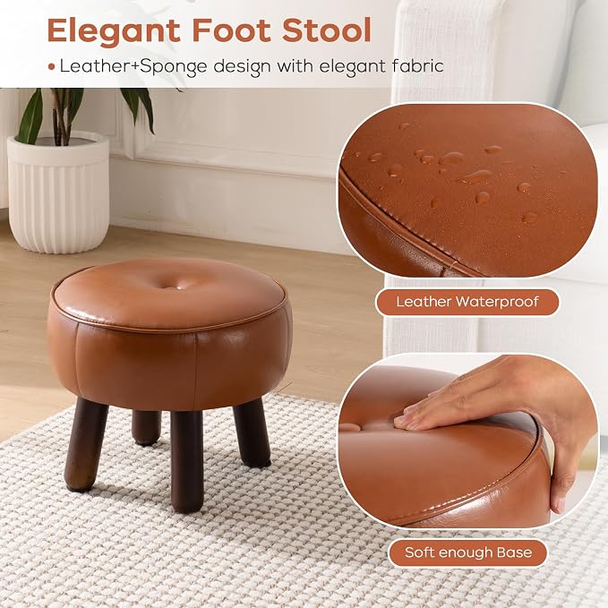 oakvivo Small Foot Stool, Round Faux Leather Pouf Ottoman Foot Rest, Footstool Ottomans with Rubber Legs Under Desk, 13''L x 13''W x 10.2''H, Footrest for Couch, Living Room, Bedroom, Hallway, Brown