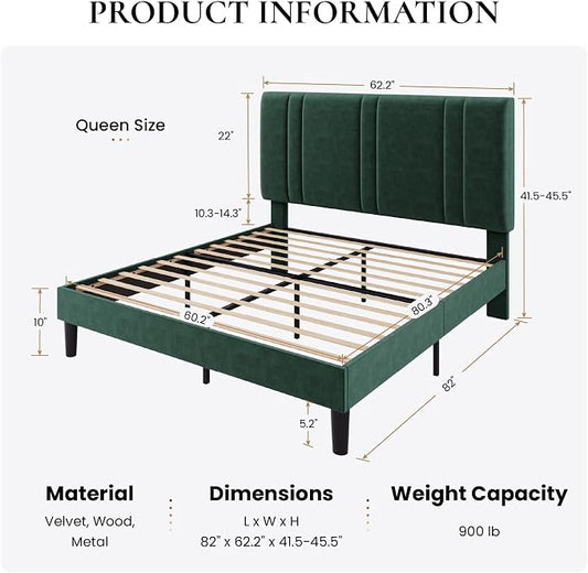 SHA CERLIN Queen Size Platform Bed Frame, Velvet Upholstered Bed with Adjustable Headboard, Vertical Channel Tufted Design, Sturdy Wood Slat Support, No Box Spring Needed, Easy Assembly, Green