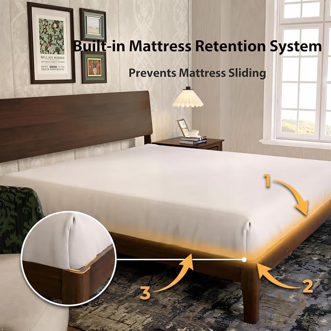 Novilla Full Size Bed Frame with 3-Level Adjustable Storage Headboard, Solid Wood Platform Bed Frame with Slats, No Box Spring Needed, Noise Free, Walnut Finish for Master Bedroom and Guest Room
