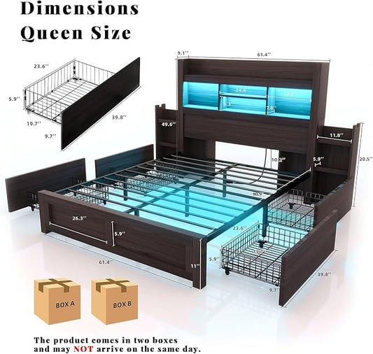 LUXOAK Queen Bed Frame with 49.6" Bookcase Headboard & 2 Bedside Stoage Racks & 4 Drawers, Farmhouse Wood Bed Frame with RGB LED & Charging Station, No Box Spring Needed, Black