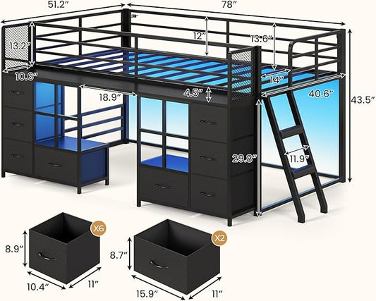 BTHFST Low Bunk Bed Twin Over Twin with 8 Fabric Drawers & Bookshelf, Twin Bunk Beds with RGB LED Lights, Windows, Metal Bunk Beds for Kids with Slanted Ladder & Safety Guardrails, Space Saving, Black