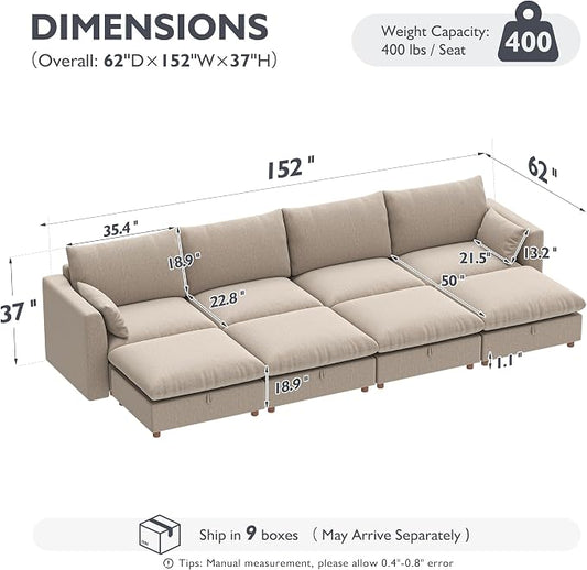 Ihanherry 152" Oversized Modular Sectional Sofa, Modern Cloud Couch with 4 Storage Ottoman, 8-Seat Comfy Chenille Deep Seat Sofa with 2 Pillows for Living Room, Khaki