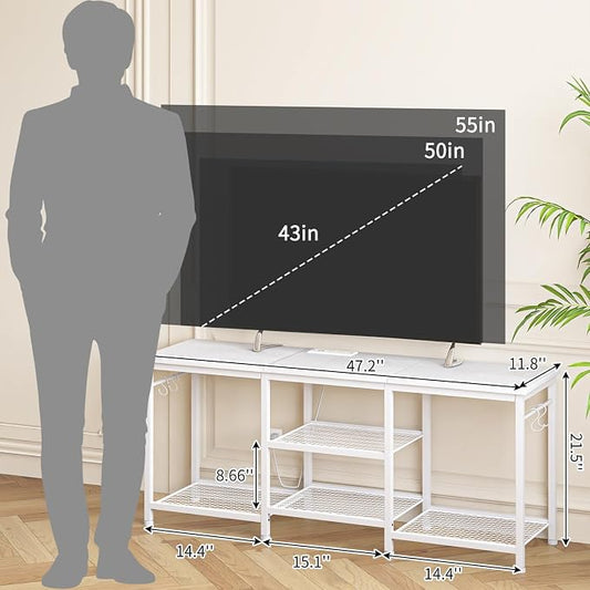 YGEOMER White TV Stand for Up to 50 Inch Tvs, Entertainment Center with Power Outlet and Open Storage Shelves, TV Console Table for Living Room Bedroom