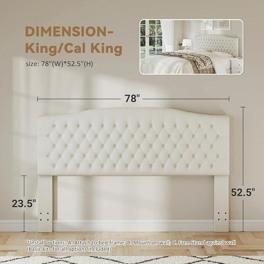 King Headboard Only, Upholstered Headboard King Size for Adjustable Bed Linen Tufted Wall Mounted Head Board with Solid Wood Legs, Ivory