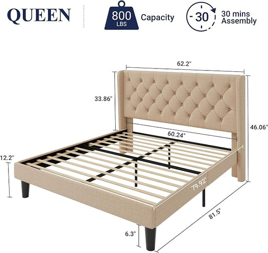 Allewie Queen Size Bed Frame with Button Tufted Wingback Headboard, Modern Upholstered Bed Frame with Solid Wooden Slats Support - No Box Spring Needed, Easy Assembly, Beige