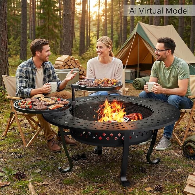 Outdoor Fire Pit, 43" Fire Pit for Outside Wood Burning with Adjustable 2 Grills, Firepit with Lid and Fire Poker, BBQ, Bonfire, Round Outdoor Fireplace 3 in 1 for Patio, Backyard, Garden, Camping