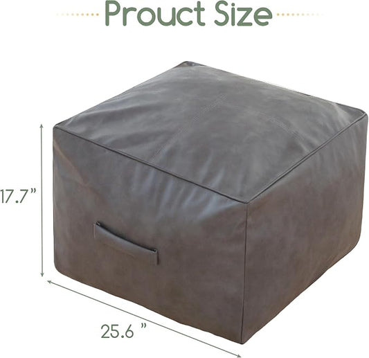HIGOGOGO Square Stuffed Pouf Ottoman, Pu Leather Poufs with Foam Chunk Filling, Furry and Fluffy Pouf Foot Stool Storage Ottoman,26x18 Inches Floor Poufs Foot Rest for Living Room, Grey
