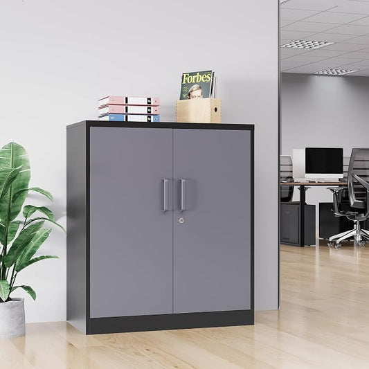 Metal Storage Cabinets with Locking Doors & 2 Adjustable Shelves, Lockable Steel Office Cabinets, Counter Caninet Small Locking Cabnet Locked Tool Cabnets for Home, Office, Garage, Hallway