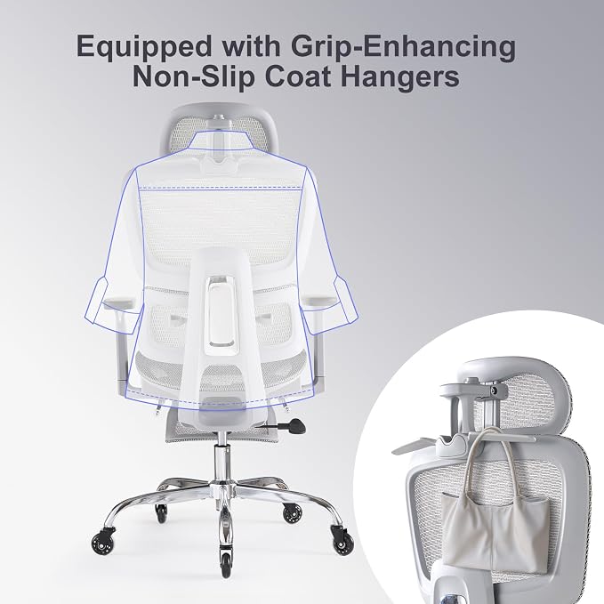 Office Chair with Footrest, Ergonomic Chair with Neck Pillow & Rubber Wheels, Computer Chair with Adjustable Backrest & 3D Armrests Headrest, Gaming Chair Adaptive Lumbar Support, Grey
